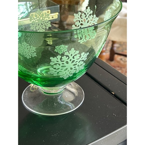 Vintage MCM 60’s Green Compote Bowl With Clear Footed Base & Frosted Snowflakes - Picture 3 of 6